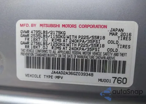 2016 Mitsubishi Outlander Es from USA, damaged, VIN JA4AD2A36GZ039348